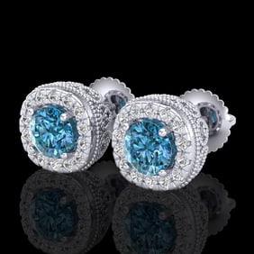 1.69 ctw Fancy Intense Blue Diamond Art Deco Earrings 18k White Gold