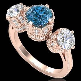 3.06 ctw Fancy Intense Blue Diamond Art Deco Ring 18k Rose Gold