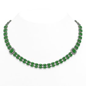 27.5 ctw Jade & Diamond Necklace 14K White Gold