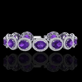 24 ctw Amethyst & Micro Pave VS/SI Diamond Bracelet 10k White Gold