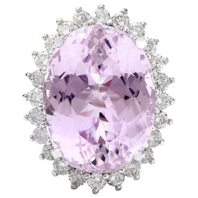 Natural Kunzite Diamond Ring in 18K Solid White Gold