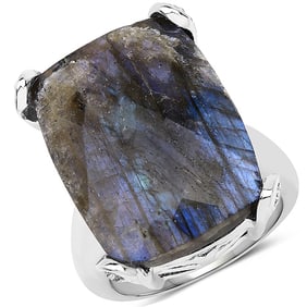 17.17 CT Genuine Labradorite and White Topaz 14K White Gold Ring