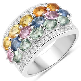 3.53 CT Genuine Multi Sapphire and White Diamond 14K White Gold Ring