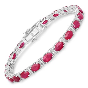 11.14 CT Genuine Mozambique Ruby and White Diamond 14K White Gold Bracelet