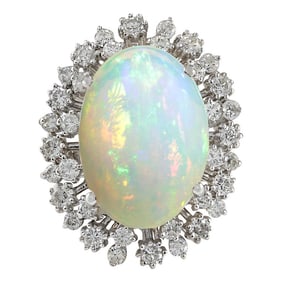 Natural Opal Diamond Ring In 14K White Gold