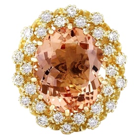 Morganite Diamond Ring In 14K Solid Yellow Gold