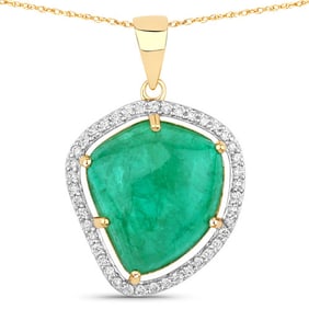 12.13 CT Genuine Colombian Emerald and White Diamond 14K Yellow Gold Pendant