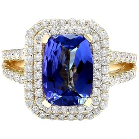 Natural Tanzanite Diamond Ring In 14K Solid Yellow Gold