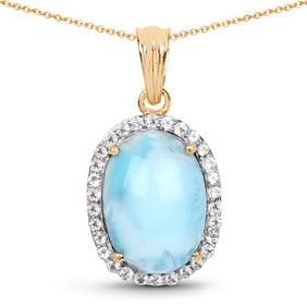 13.55 CT Genuine Larimar and White Topaz 14K Yellow Gold Pendant