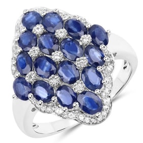 3.48 CT Genuine Blue Sapphire and White Zircon 14K White Gold Ring