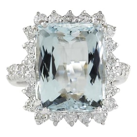Natural Aquamarine Diamond Ring In 14K White Gold