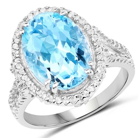 8.15 CT Genuine Blue Topaz and White Topaz 14K White Gold Ring