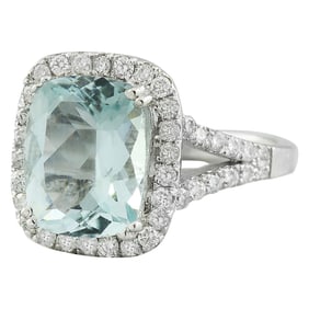 Natural Aquamarine Diamond Ring In 18K White Gold