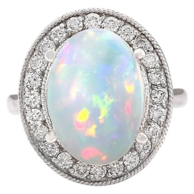 Opal Diamond Ring In 18K White Gold