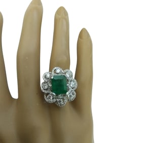 Natural Emerald Diamond Ring In 14K White Gold