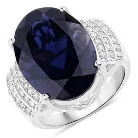11.25 CT Genuine Iolite and White Diamond 14K White Gold Ring