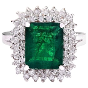 Emerald Diamond Ring In 18K Solid White Gold