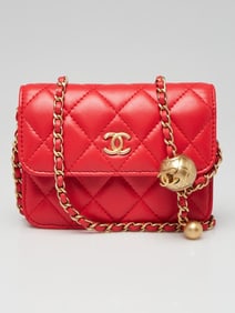 Chanel Red Quilted Lambskin Leather Pearl