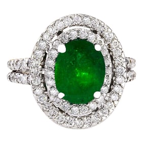 Natural Emerald Diamond Ring In 14K Solid White Gold