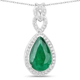 IGI Certified 3.11 CT Genuine Zambian Emerald and White Diamond 14K White Gold Pendant