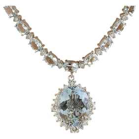 Natural Aquamarine Diamond Necklace in 14K Solid White Gold