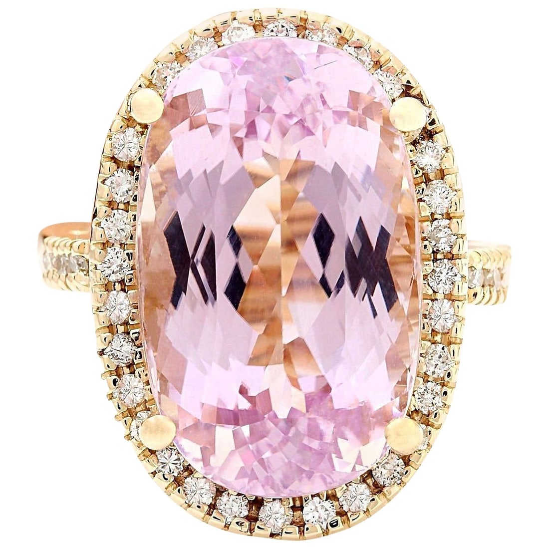 19.10 CTW Kunzite 18K Yellow Gold Diamond Ring: 19.10 CTW Natural Kunzite 18K Yellow Gold Diamond Ring Place of Origin: United States Period: 2010- Date of Manufacture: 2019 Condition: New 19.10 CTW Natural Kunzite 18K Solid Yellow Gold Diamond Rin