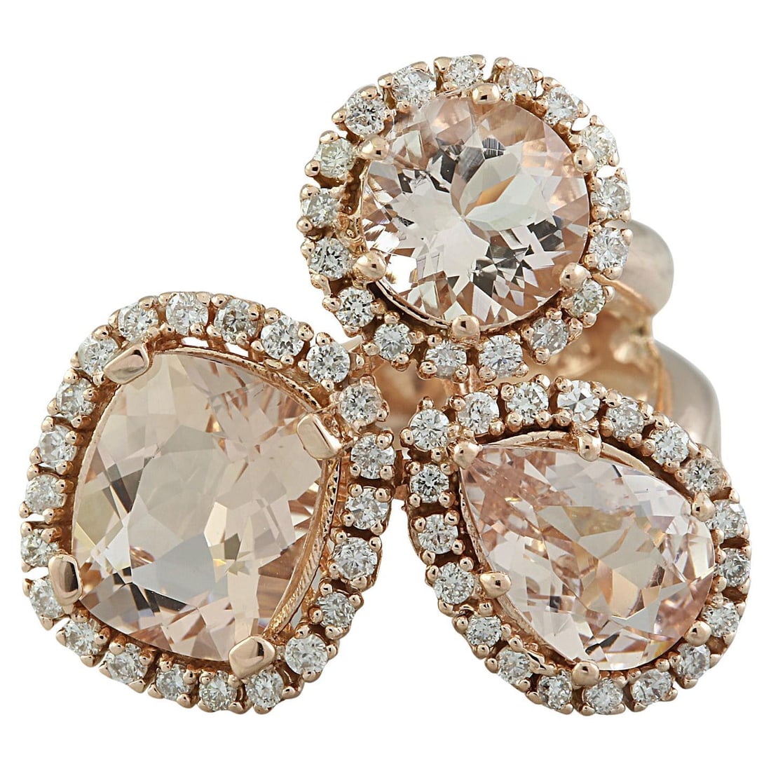 5.69 CTW Morganite 14K Rose Gold Diamond Ring: 5.69 CTW Natural Morganite 14K Rose Gold Diamond Ring Ring Size: 7 US, Resizable Metal: 14k Gold, Rose Gold Stone: Diamond, Morganite Stone Cut: Cushion Cut Place of Origin: United States Period: 2010