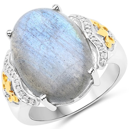 10.56 CT Genuine Labradorite and White Diamond 14K Yellow Gold with 14K White Gold Ring: 10.56 CT Genuine Labradorite and White Diamond 14K Yellow Gold with 14K White Gold Ring Stone Details: Labradorite Item Type: Ring Subcategory: Labradorite Gross Wt: 7.31 Gemstone Wt: 10.49 ctw Di