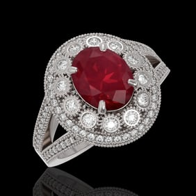 4.55 ctw Certified Ruby & Diamond Victorian Ring 14K White Gold