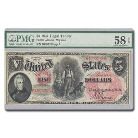 1875 $5.00 Legal Tender Woodchopper AU-58