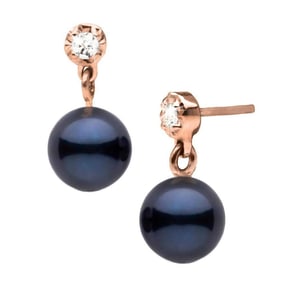 Black Akoya Pearl and Dainty Diamond Dangle Earrings, 6.5-7.0mm