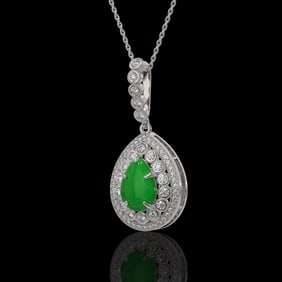 4.07 ctw Jade & Diamond Victorian Necklace 14K White Gold