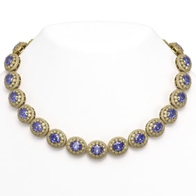 114.35 ctw Tanzanite & Diamond Victorian Necklace 14K Yellow Gold