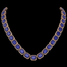 84.94 ctw Sapphire & Diamond Micro Pave Halo Necklace 10k Rose Gold