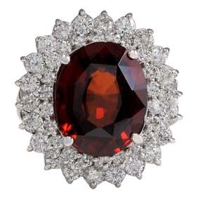 Hessonite Garnet Diamond Ring 14K White Gold