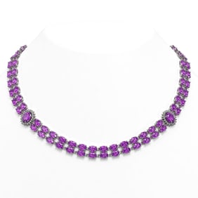 55.03 ctw Amethyst & Diamond Necklace 14K White Gold