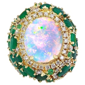 Opal, Emerald Diamond Ring 14K Yellow Gold