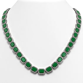 58.59 ctw Emerald & Diamond Micro Pave Halo Necklace 10k White Gold