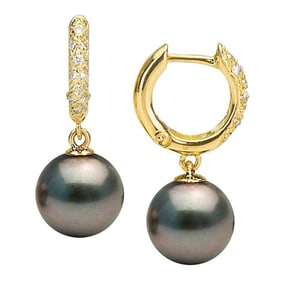 Black Tahitian Pearl and Large Diamond Pave Hoop Earrings