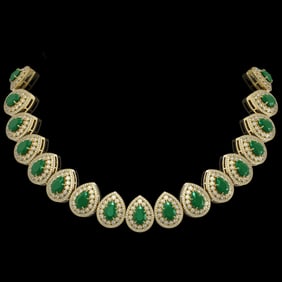 121.42 ctw Emerald & Diamond Victorian Necklace 14K Yellow Gold
