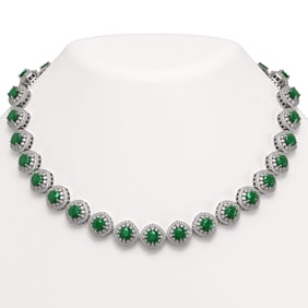 82.17 ctw Emerald & Diamond Victorian Necklace 14K White Gold