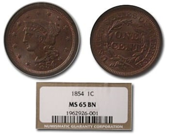 1854 Large Cent MS-65 NGC (Brown)