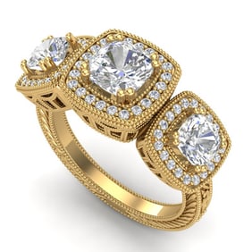 2.75 ctw Cushion VS/SI Diamond Art Deco 3 Stone Ring 18k Yellow Gold