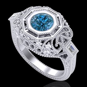 1.13 ctw Fancy Intense Blue Diamond Art Deco Ring 18k White Gold