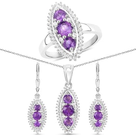 3.60 CT Genuine Amethyst and White Topaz 14K White Gold 3 Piece Jewelry Set (Ring, Earrings, and