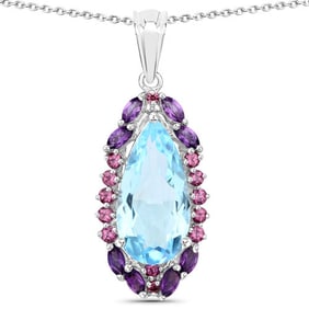 7.77 CT Genuine Blue Topaz, Amethyst and Rhodolite Garnet 14K White Gold Pendant