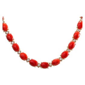 Natural Coral Diamond Necklace In 14K Yellow Gold