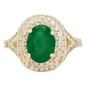 Natural Emerald Diamond Ring In 14K Yellow Gold