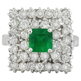 Natural Emerald Diamond Ring in 18K Solid White Gold