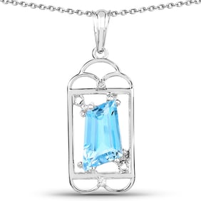 4.57 CT Genuine Swiss Blue Topaz & White Topaz 14K White Gold Pendant